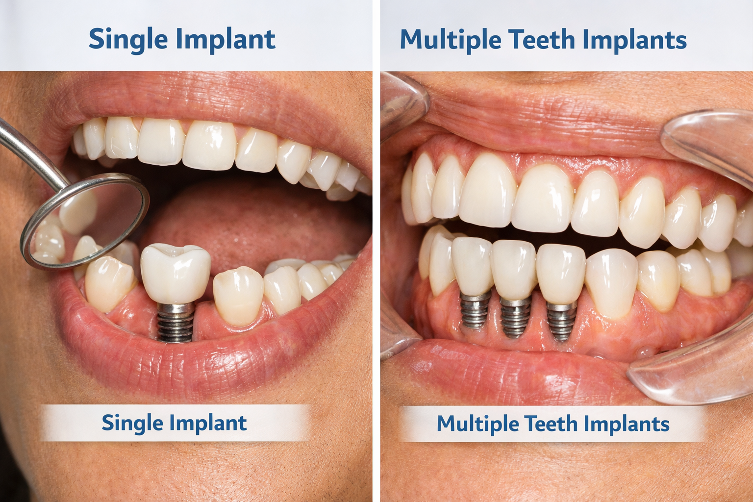 Find difference between single implant and multiple teeth dental implant options