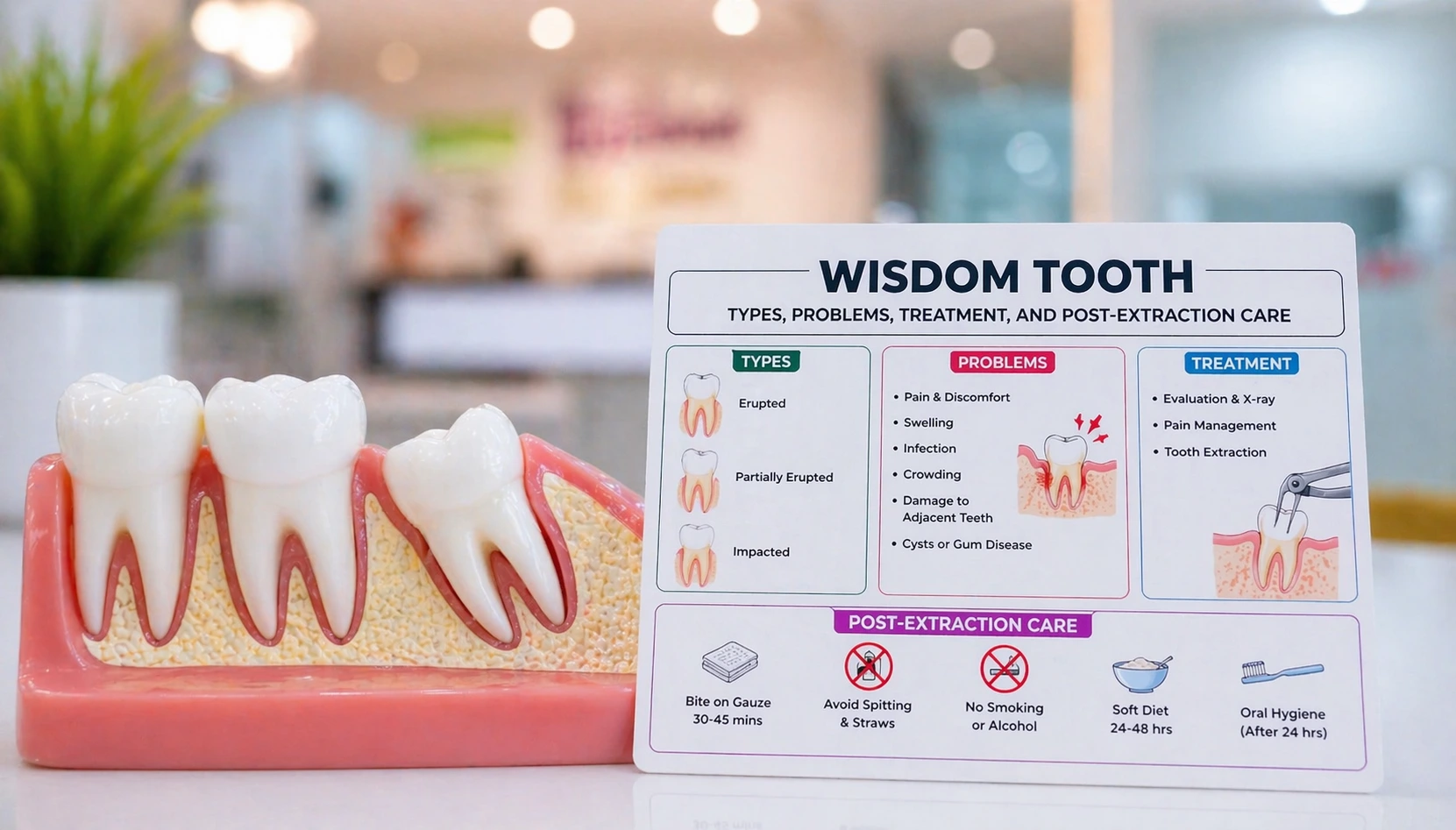 Find wisdom tooth types, symptoms, treatment and post-extraction care guide