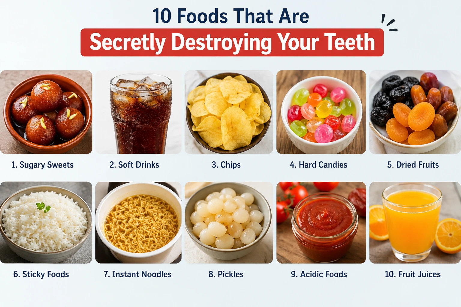 showing 10 common foods that secretly damage and destroy teeth enamel.