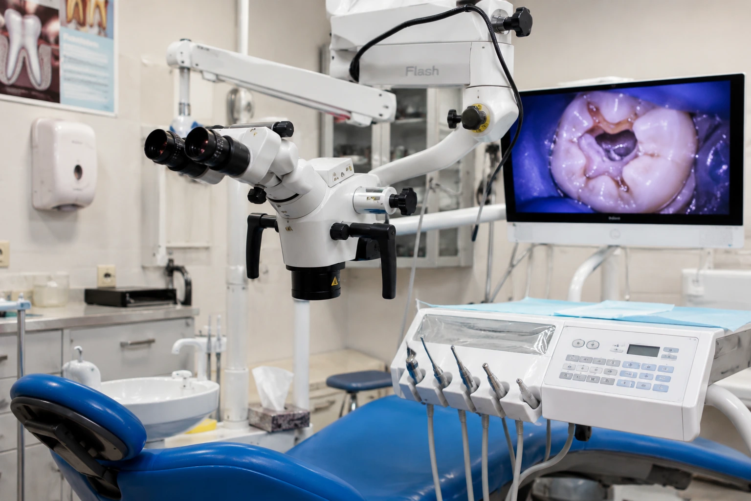 Dentist performing microscope-assisted root canal treatment at a modern dental clinic in Kothrud