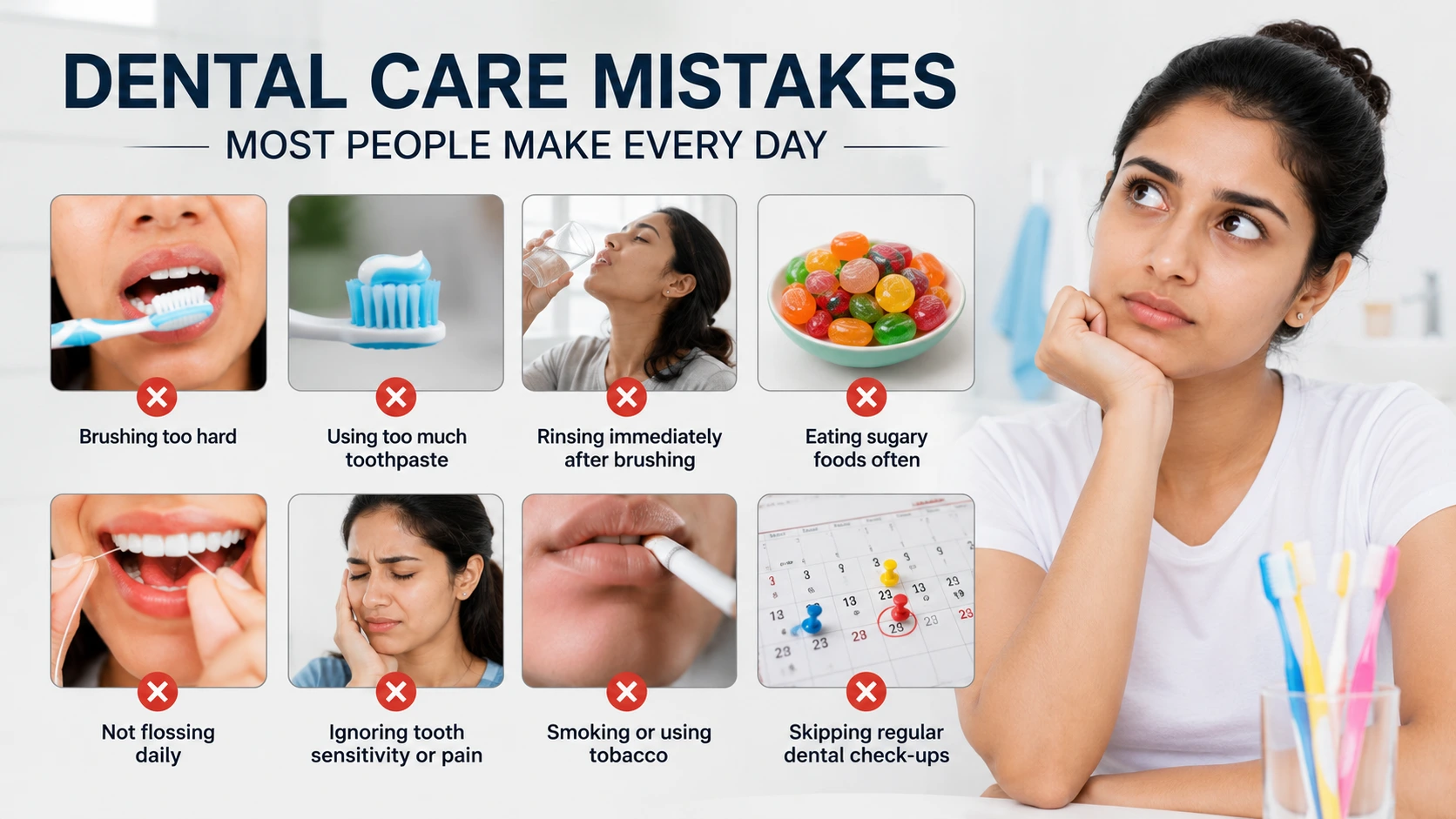 Person brushing teeth incorrectly, illustrating common daily dental care mistakes to avoid