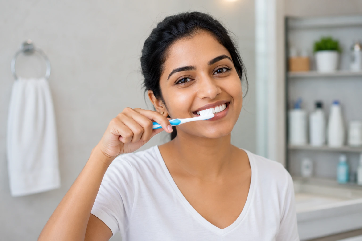 Woman smiling confidently after cosmetic dental treatment at clinic