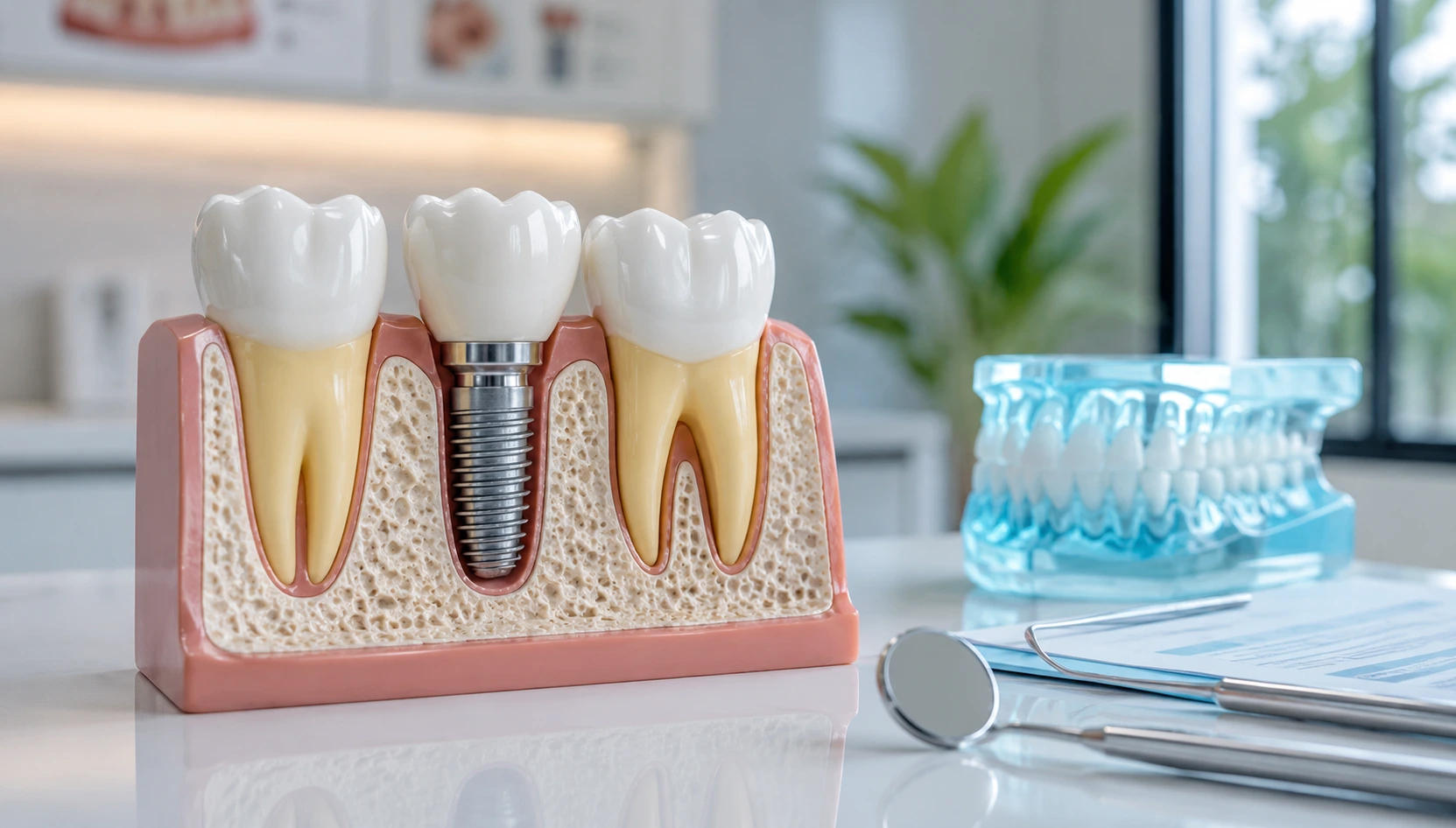 Dental implant crown placed on an artificial tooth root for natural-looking tooth restoration