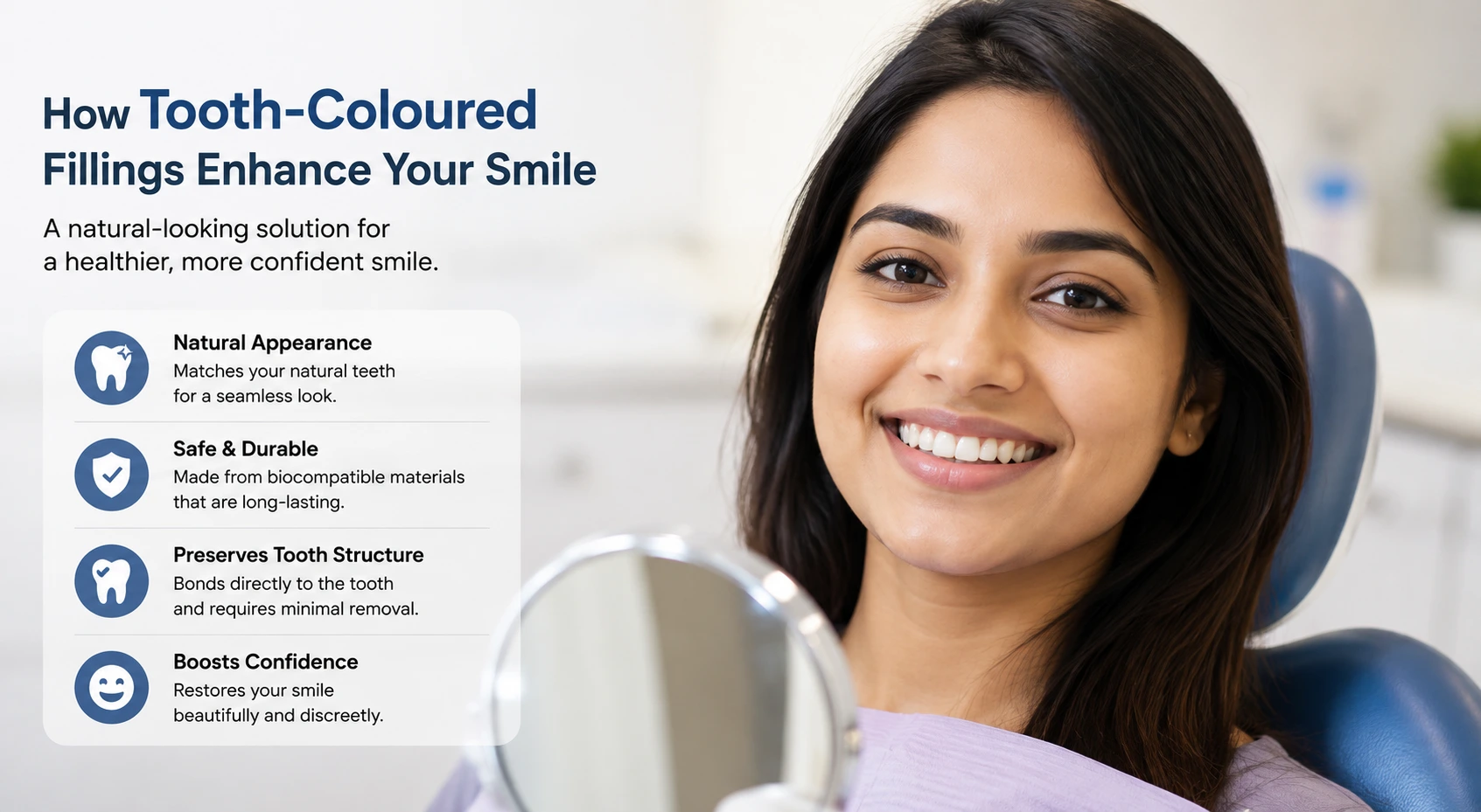 Find natural-looking tooth-coloured fillings restoring a damaged tooth and enhancing smile appearance.