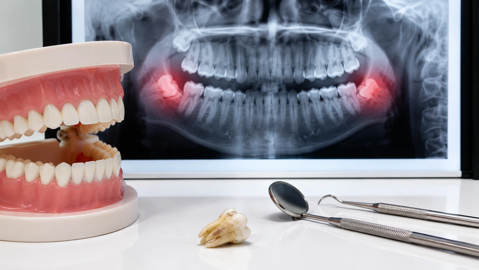 Dentist reviewing X-ray before wisdom tooth removal treatment in Kothrud.