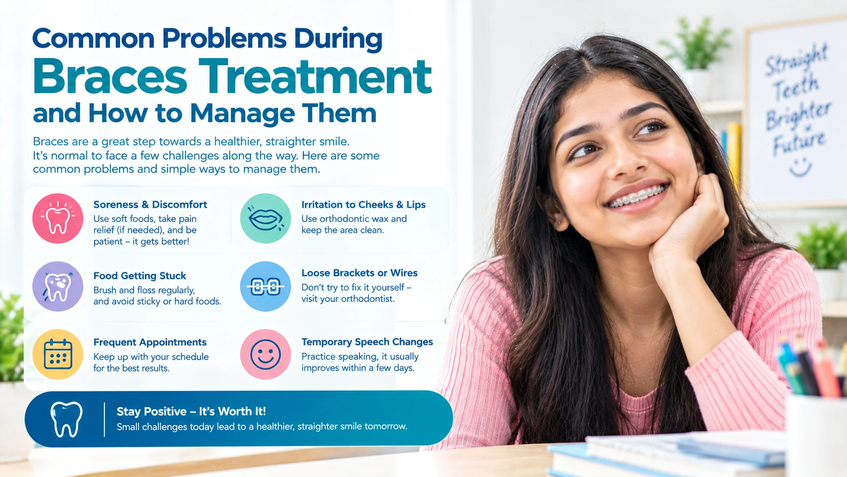 Orthodontist adjusting metal braces to fix common treatment issues in clinic.