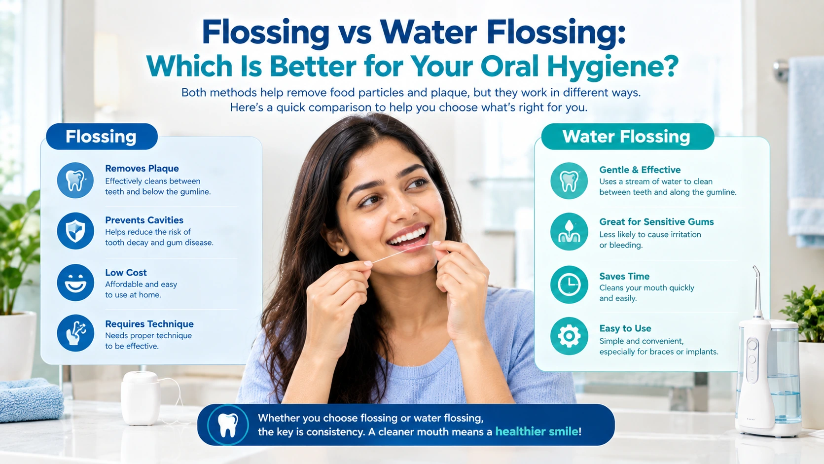 Comparison of traditional dental floss and water flosser for oral hygiene routine.