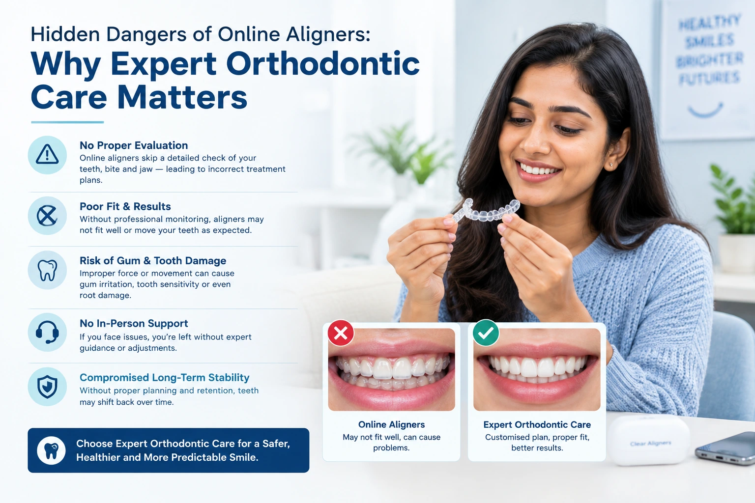 Find expert orthodontic guidance for online aligner risks and safer teeth-straightening treatment.