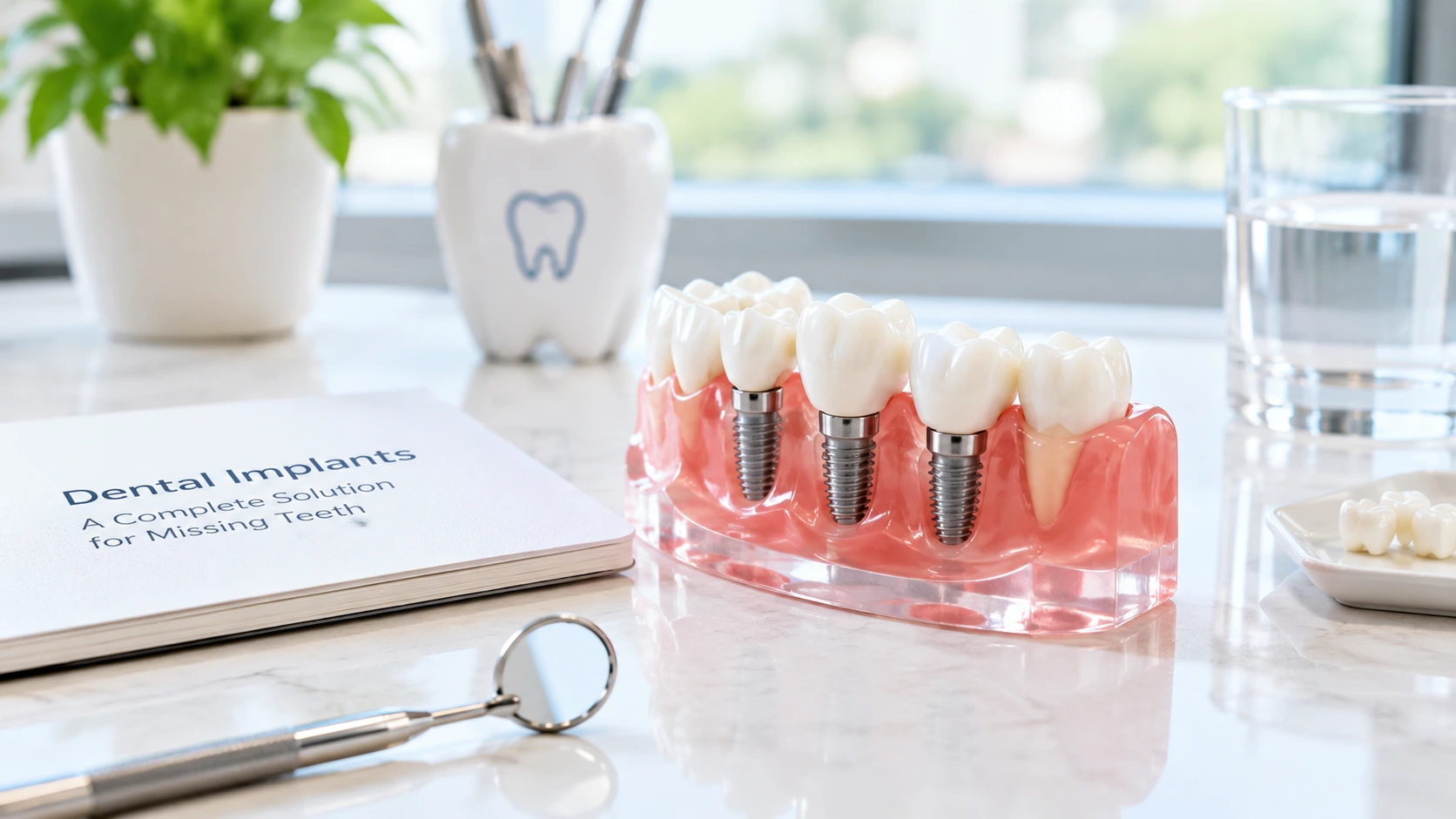 Dentist explaining dental implant options for multiple missing teeth using a jaw model.